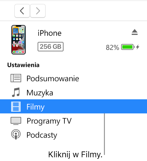 Okno Urządzenie z wybraną na pasku bocznym opcją Filmy.