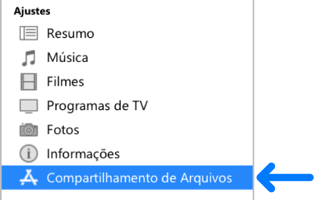 Nos Ajustes do dispositivo, clique em “Compartilhamento de Arquivos” para transferir arquivos entre o computador e o dispositivo.