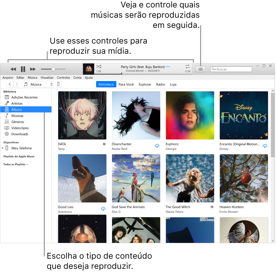 A janela principal da Biblioteca do iTunes: No navegador, escolha o tipo de mídia para reproduzir (como Música). Use os controles no banner na parte superior para reproduzir a mídia e use o menu local Seguintes no lado direito para visualizar a biblioteca de diversas maneiras.