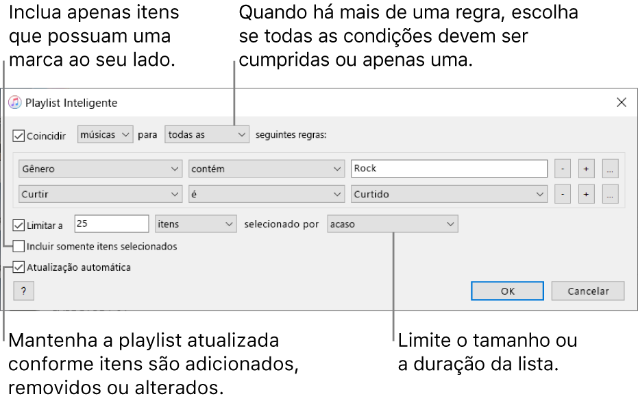 A janela da Playlist Inteligente: No canto superior esquerdo, selecione “Coincidir com” e especifique os critérios da playlist (como gênero ou curtidas). Continue adicionando ou removendo regras. Quando houver mais de uma regra, escolha se todas as condições devem ser cumpridas ou somente uma. Selecione várias opções na parte inferior da janela, como a limitação do tamanho ou duração da playlist, a inclusão apenas de músicas marcadas ou a atualização da playlist pelo iTunes conforme os itens da biblioteca mudam.