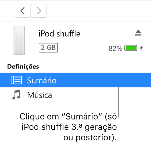 A janela “Dispositivo”, com a opção “Sumário” selecionada na barra lateral.