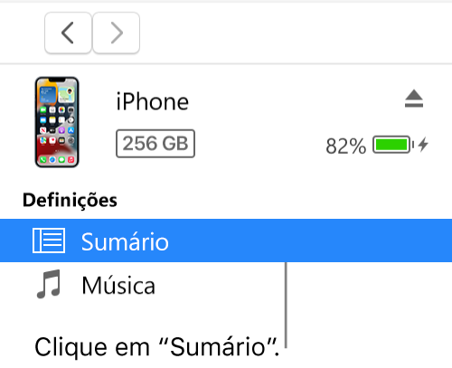 A janela “Dispositivo”, com a opção “Sumário” selecionada na barra lateral.