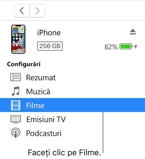 Fereastra Dispozitiv, cu secțiunea Filme selectată în bara laterală.