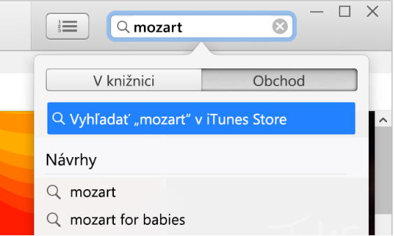 Vyhľadávacie pole so zadaným slovom „Mozart“. Vo vyskakovacom menu s výsledkami vyhľadávania je vybraná položka Obchod.