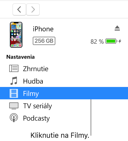 Okno Zariadenie s položkou Filmy vybranou na postrannom paneli.