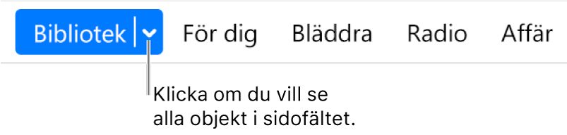 Knappen Bibliotek i navigeringsfältet som visar popupmenyn. Klicka på den för att komma åt alla objekt i sidofältet när du gömmer sidofältet.