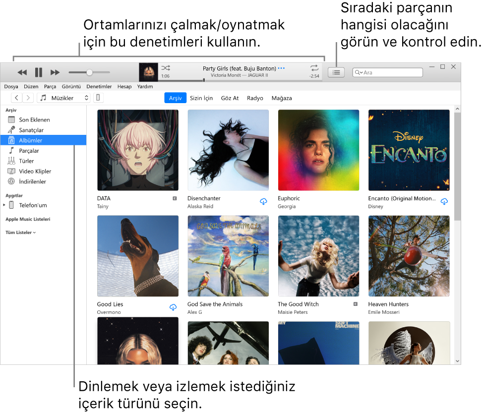 iTunes Arşivi ana penceresi: Gezginde çalınacak/oynatılacak ortam türünü (Müzik gibi) seçin. Ortamınızı çalmak/oynatmak için başlıktaki denetimleri, arşivinizi farklı yollardan görüntülemek için sağdaki Sıradaki açılan menüsünü kullanın.