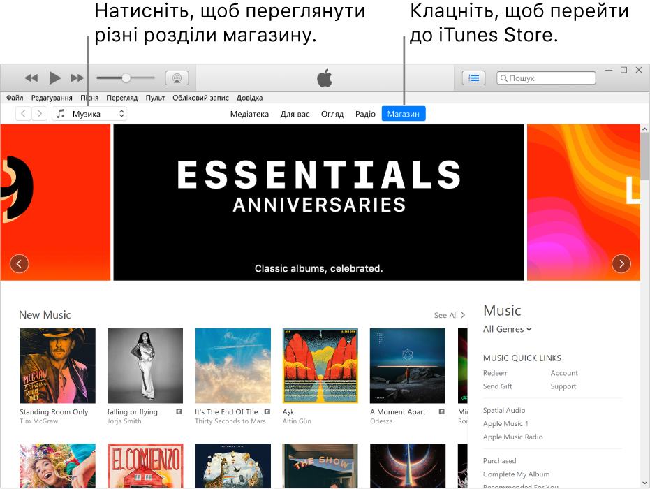 Головне вікно iTunes Store. На панелі навігації виділено елемент «Магазин». У верхньому лівому куті виберіть інший вміст у Магазині (наприклад, музику чи телепрограми).