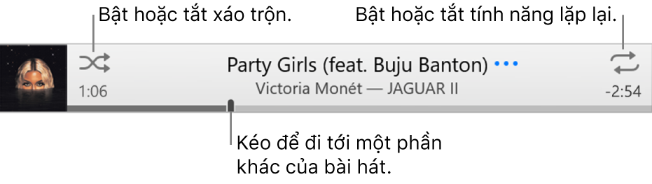 Biểu ngữ có bài hát đang phát. Nút Xáo trộn ở góc trên bên trái; nút Lặp lại ở góc trên bên phải. Kéo thanh thời gian để đi tới phần khác của bài hát.