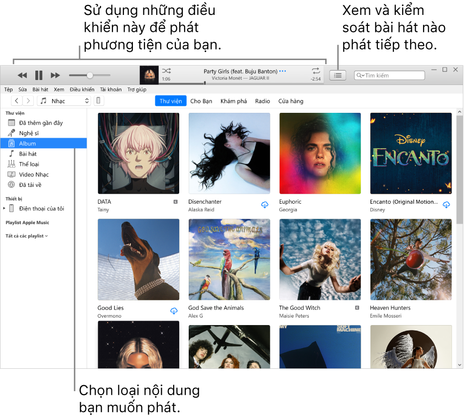 Cửa sổ chính của Thư viện iTunes: Trong trình điều khiển, chọn loại phương tiện sẽ phát (chẳng hạn như Nhạc). Sử dụng các điều khiển trong biểu ngữ ở trên cùng để phát phương tiện của bạn và sử dụng menu bật lên Tiếp theo ở bên phải để xem thư viện theo những cách khác nhau.