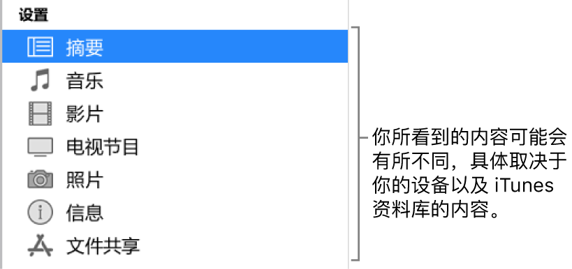 边栏中的“摘要”已选中。所显示的内容类型因你设备和 iTunes 资料库中内容的不同而有所不同。
