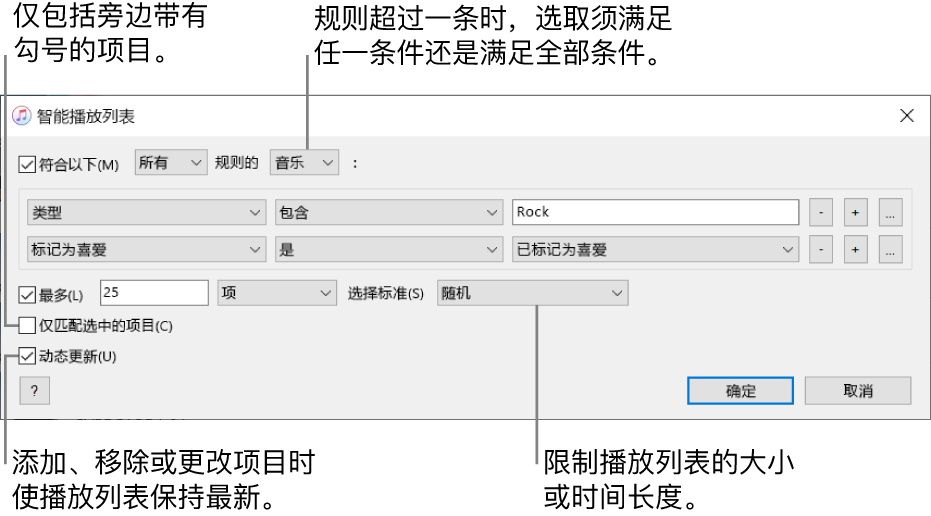 智能播放列表窗口：在左上角选择“匹配”，然后指定播放列表的匹配标准（如类型或是否标记为喜爱）。继续添加或移除规则；规则超过一条时，选取要满足其中任何一个条件或者必须满足所有条件。在窗口的下半部分中选择多个选项，如限制播放列表的大小或持续时间、仅包括勾选的歌曲或者让 iTunes 随资料库中项目的变化而更新播放列表。
