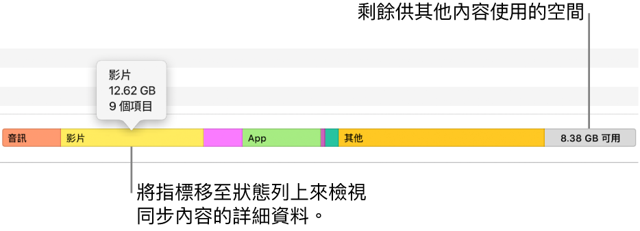 將游標移至視窗底部的狀態列來檢視同步內容的詳細資料，並查看尚剩餘多少空間可容納更多內容。