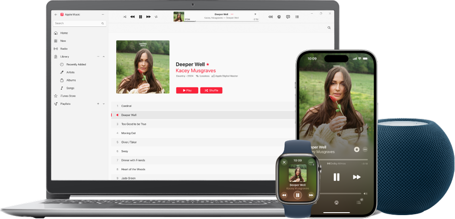 Una cançó reproduint‑se en un Mac, un iPhone i un Apple Watch amb un HomePod.