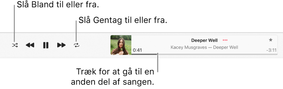 Afspilningsvinduet med en sang, der afspilles. Knappen Bland er i øverste venstre hjørne, og knappen Gentag er til venstre for albummets billede. Afspilningsmærket er under navnet på sangen i højre side af vinduet.