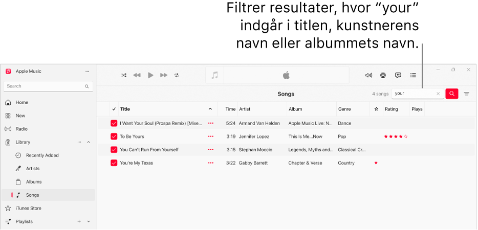 Vinduet Apple Music, der viser en liste med sange, som vises, når “love” skrives i filterfeltet i øverste højre hjørne. Sangene på listen indeholder ordet “love” i titlen, kunstnernavnet eller albumnavnet.