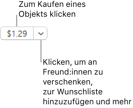 Eine Taste mit einer Preisangabe. Wähle den Preis, um das Objekt zu kaufen. Wähle den Pfeil neben dem Preis, um das Objekt einer anderen Person zu schenken, es zur Wunschliste hinzuzufügen und mehr.