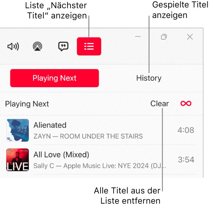 Die rechte obere Ecke des Apple Music-Fensters mit der Taste „Nächster Titel“ oben in der Liste „Nächster Titel“. Die Taste „Verlauf“ befindet sich rechts neben der Taste „Nächster Titel“. Wähle die Taste „Verlauf“, um die zuletzt wiedergegebenen Titel anzuzeigen. Der Link „Löschen“ befindet sich unter der Taste „Verlauf“. Wähle den Link „Löschen“, um alle Titel aus der Liste zu entfernen.