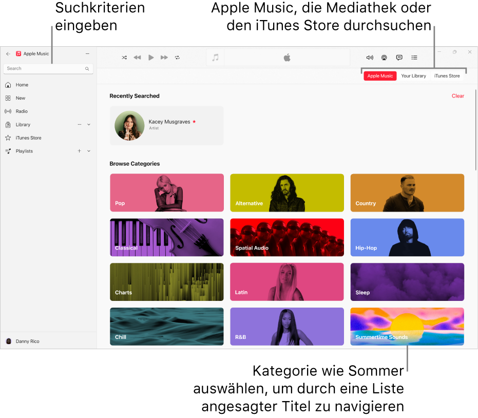 Das Apple Music-Fenster mit dem Suchfeld oben links, der Kategorienliste in der Fenstermitte und den Tasten „Apple Music“, „Deine Mediathek“ und „iTunes Store“ oben rechts.