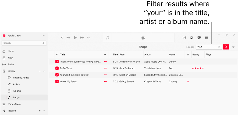 The Apple Music window showing the list of songs that appear when “love” is entered in the filter field in the top-right corner. The songs in the list include the word “love” in their title, artist or album name.