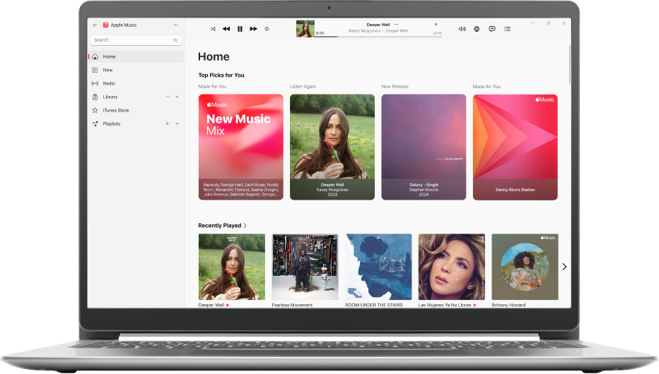 The Apple Music window showing Home.