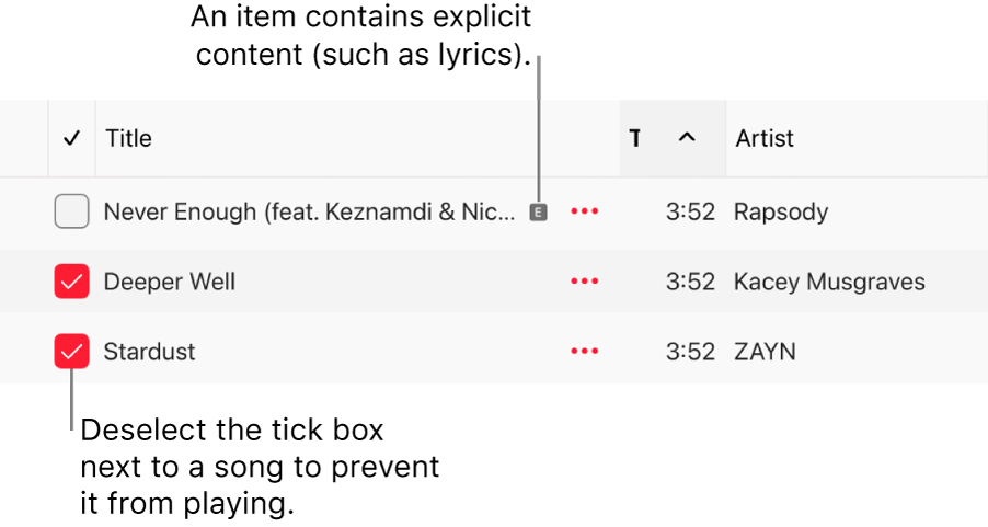 Detail of the songs list in Apple Music, showing the tickboxes and an explicit symbol for the first song (indicating it has explicit content such as lyrics). Deselect the tickbox next to a song to prevent it from playing.