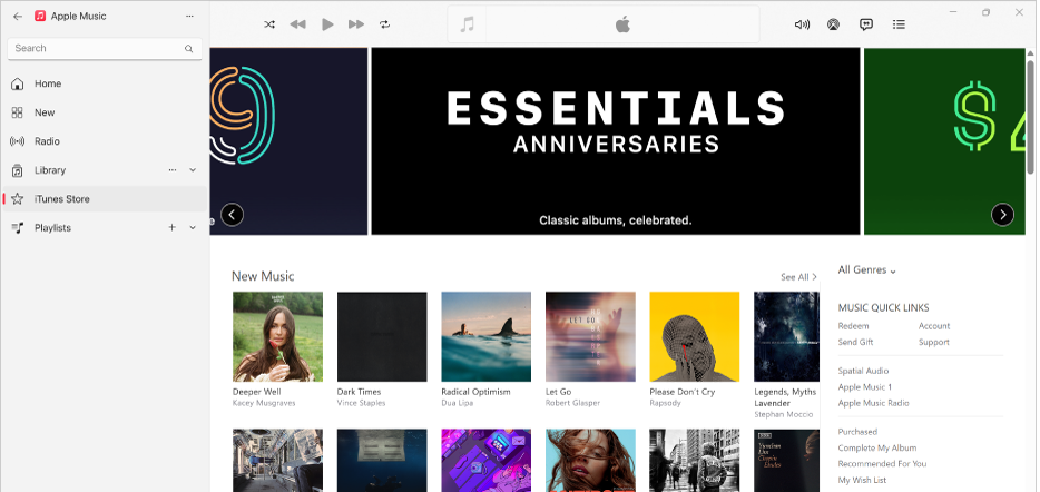 La ventana principal de iTunes Store: iTunes Store se muestra resaltada en la barra lateral.