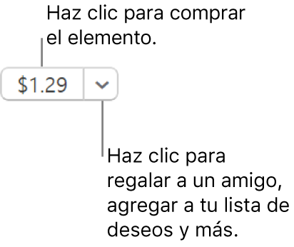 Un botón que indica un precio. Selecciona el precio para comprar el elemento. Selecciona la flecha situada junto al precio para regalar el elemento a alguien, agregarlo a tu lista de deseos, y más.