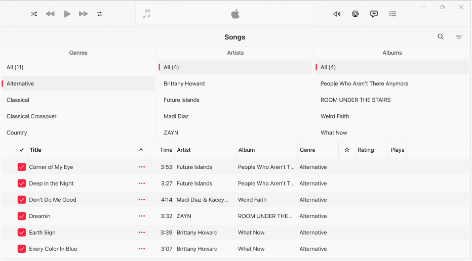 La ventana de Apple Music mostrando el explorador de columnas arriba de la lista de canciones.