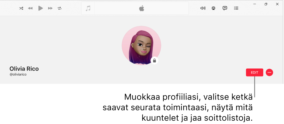 Profiilisivu Apple Musicissa: ikkunan oikealla puolella on Muokkaa-painike, jonka valitsemalla voit muokata profiilia, valita ketkä voivat seurata toimintaasi, näyttää mitä kuuntelet ja jakaa soittolistoja.