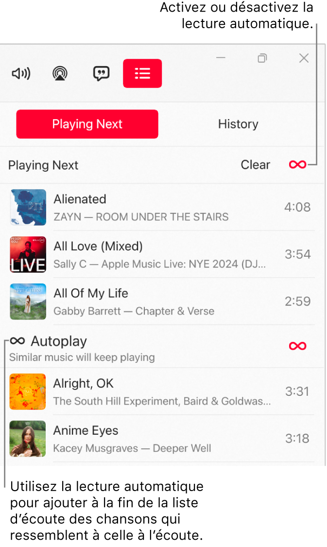 La liste Suivants, affiche une liste des chansons suivantes et l’icône de lecture automatique à droite. Sélectionnez le bouton Lecture automatique pour l’activer ou la désactiver. Lorsque la lecture automatique est activée, des chansons similaires sont ajoutées à la fin de la liste d’écoute.
