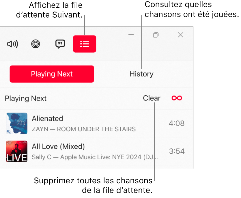 Le coin supérieur droit de la fenêtre Apple Music avec le bouton Suivant en haut de la liste d’écoute. Le bouton Historique est à droite du bouton Suivant. Sélectionnez le bouton Historique pour afficher la liste de chansons déjà écoutées. Le lien Effacer est sous le bouton Historique. Sélectionnez le lien Effacer pour en supprimer toutes les chansons.