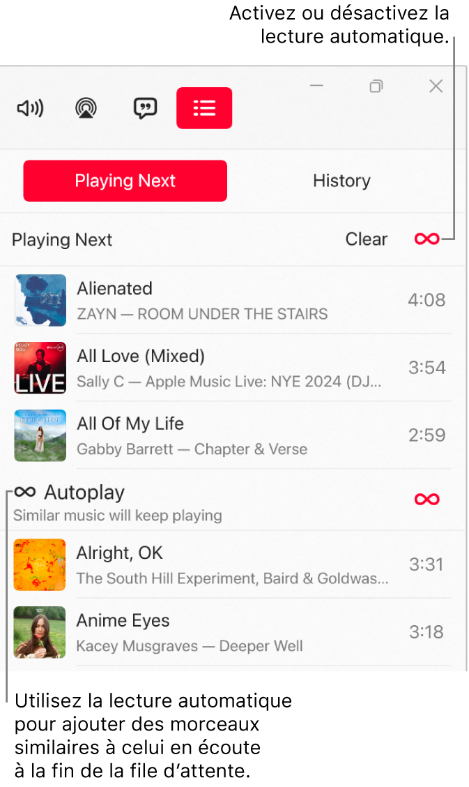 La file dʼattente Suivant, affichant une liste des morceaux suivants et lʼicône de la lecture automatique à droite. Sélectionnez lʼicône de la lecture automatique pour activer ou désactiver cette fonctionnalité. Lorsque la lecture automatique est activée, des morceaux similaires sont ajoutés à la fin de la file d’attente.