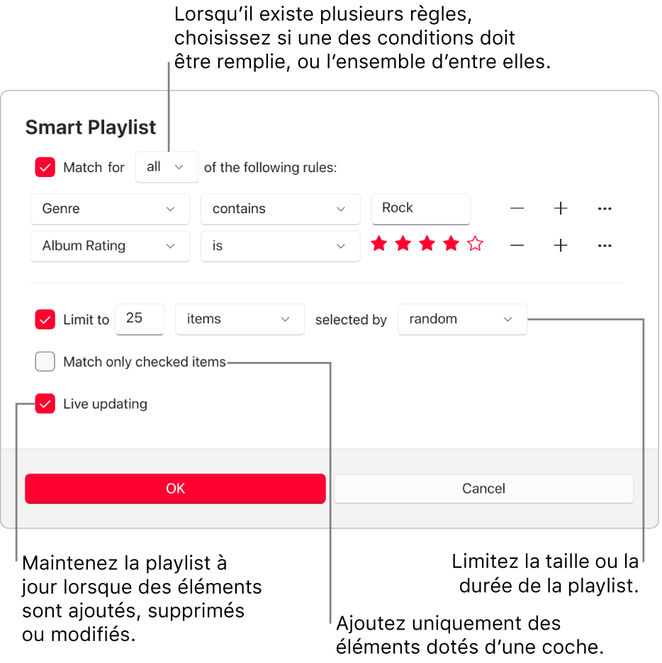 La zone de dialogue « Playlist intelligente » : Dans le coin supérieur gauche, sélectionnez Inclure, puis indiquez les critères de la playlist (comme Genre ou Classement). Continuez à ajouter ou supprimer des règles en sélectionnant le bouton Ajouter ou Supprimer à droite. Sélectionnez différentes options dans la partie inférieure de la zone de dialogue, comme la limitation de la taille ou de la durée d’une playlist, l’utilisation exclusive des éléments cochés ou la mise à jour de la playlist par Apple Music lorsque votre bibliothèque est modifiée.