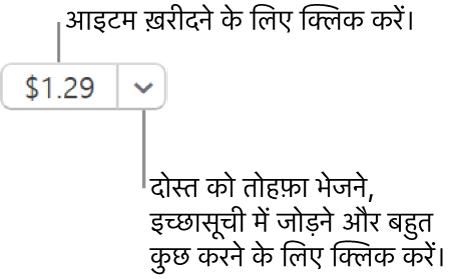 कीमत दिखाने वाला एक बटन। आइटम ख़रीदने के लिए क़ीमत चुनें। किसी दोस्त को आइटम उपहार में देने के लिए क़ीमत के आगे तीर चुनें, अपनी इच्छा सूची में आइटम जोड़ें, इत्यादि।