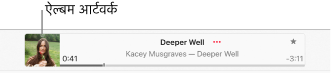 प्लेबैक विंडो के बाईं ओर चलते हुए गीत के साथ ऐल्बम आर्ट।