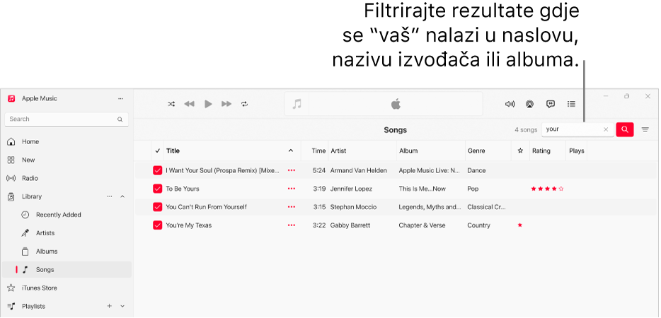 Prozor usluge Apple Music s prikazom popisa pjesama koje se pojavljuju kad se riječ “ljubav” unosi u polje filtra u gornjem desnom kutu. Pjesme na popisu uključuju riječ "ljubav" u njihovom naslovu, izvođaču ili nazivu albuma.