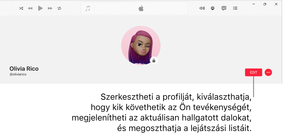 Az Apple Music-profiloldal: az ablak jobb oldalán a Szerkesztés gomb látható, amely kiválasztásával szerkesztheti a profilját, kiválaszthatja, hogy ki követheti az Ön tevékenységét, megjelenítheti, hogy mit hallgat és megoszthat lejátszási listákat.