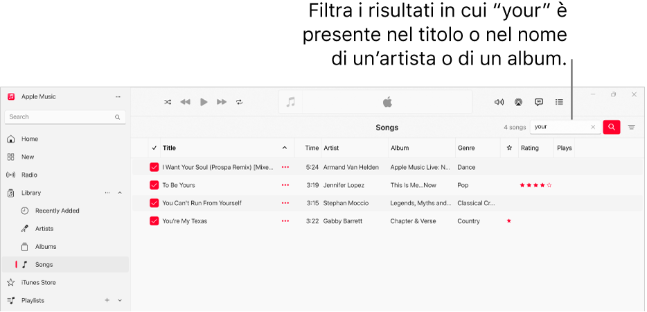 La finestra di Apple Music mostra l’elenco dei brani che vengono visualizzati digiti “love” nel campo del filtro nell’angolo in alto a destra. I brani nell’elenco includono la parola “love” nel titolo, nell’artista o nel nome dell’album.