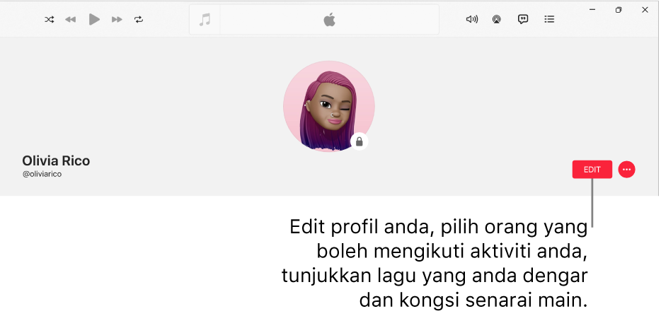 Halaman profil dalam Apple Music: di sebelah kanan tetingkap, ialah butang Edit, yang anda boleh pilih untuk mengedit profil anda, memilih orang yang boleh mengikuti aktiviti anda, menunjukkan perkara yang anda sedang dengar dan berkongsi senarai main.