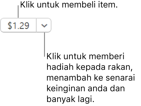 Butang memaparkan harga. Pilih harga untuk membeli item. Pilih anak panah bersebelahan harga untuk menghadiahkan item kepada rakan, menambah item ke senarai keinginan anda dan banyak lagi.