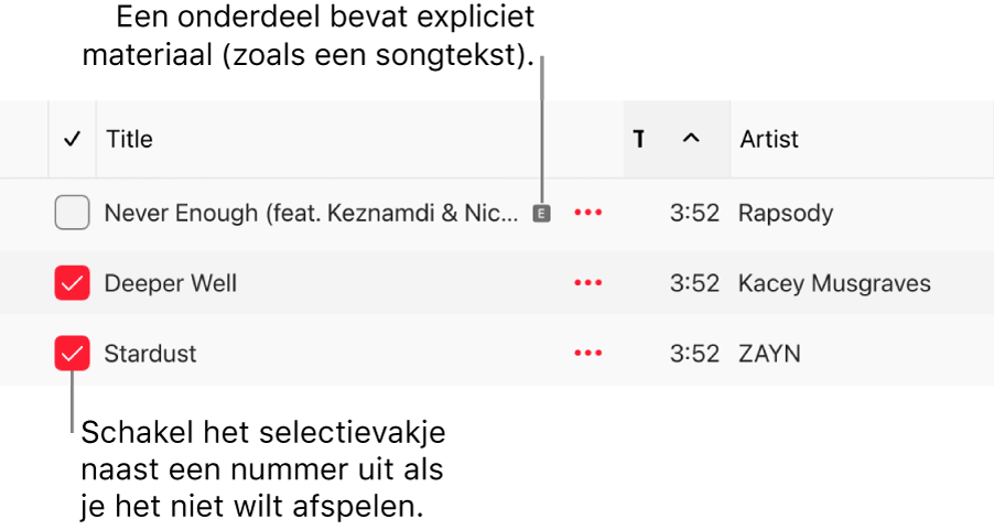 Detail van de lijst met nummers in de Apple Music-app, met de selectievakjes en een pictogram voor expliciet materiaal voor het eerste nummer (wat aangeeft dat het nummer expliciet materiaal bevat, zoals songtekst). Schakel het selectievakje naast een nummer uit als je dat nummer niet wilt afspelen.