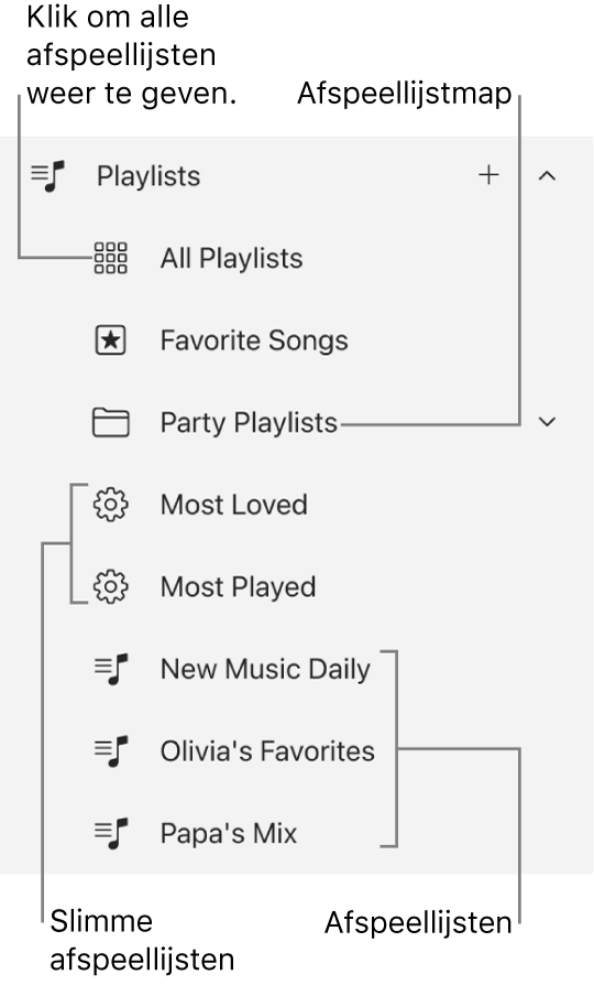 In de navigatiekolom van Apple Music zie je de diverse typen afspeellijsten. Selecteer 'Alle afspeellijsten' om ze allemaal te bekijken. Je kunt ook een afspeellijstenmap aanmaken.