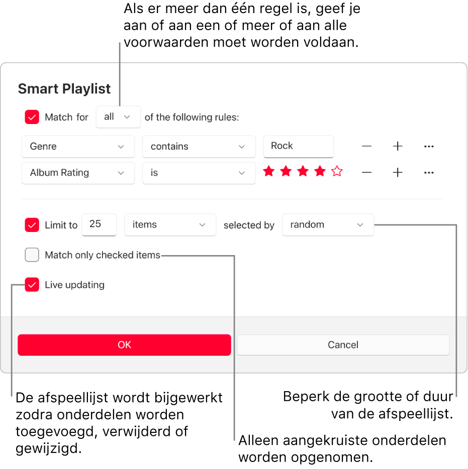 Het dialoogvenster 'Slimme afspeellijst': Selecteer 'Zoeken naar' linksbovenin en geef vervolgens op aan welke criteria de afspeellijst moet voldoen (bijvoorbeeld genre of beoordeling). Met de knop met het plusteken en de knop met het minteken aan de rechterkant kun je regels toevoegen of verwijderen. Onder in het dialoogvenster kun je verschillende opties instellen, waaronder de grootte en lengte van de afspeellijst, of je alleen aangekruiste nummers wilt toevoegen en of je de afspeellijst wilt laten bijwerken als onderdelen in je bibliotheek worden gewijzigd.