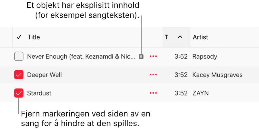 Utsnitt av sanglisten i Apple Music, med avkrysningsruter og et eksplisitt-ikon for den første sangen (som indikerer at den inneholder upassende innhold, for eksempel sangtekst). Fjern valget i avkrysningsruten ved siden av en sang for å hindre avspilling.