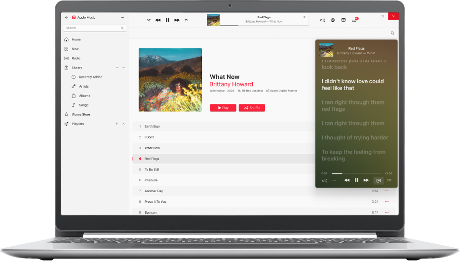 Apple Music-appvinduet vises med et album og en sang. Minispillervinduet vises også med en sang som spilles av, og sangtekstene nedenfor. Sangtekstene vises på skjermen synkronisert med musikken.