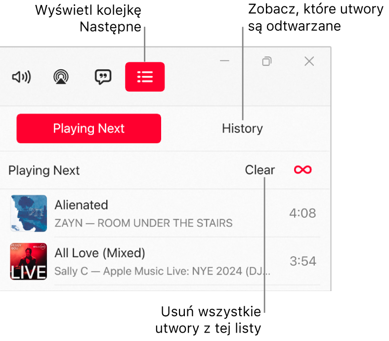 Prawy górny róg okna aplikacji Apple Music. U góry widoczny jest przycisk Następne, który wyświetla kolejkę Następne. Na prawo od przycisku Następne znajduje się przycisk Historia. Wybierz przycisk Historia, aby zobaczyć ostatnio odtwarzane utwory. Pod przyciskiem Historia znajduje się łącze Wymaż. Wybierz łącze Wymaż, aby usunąć wszystkie utwory z kolejki.