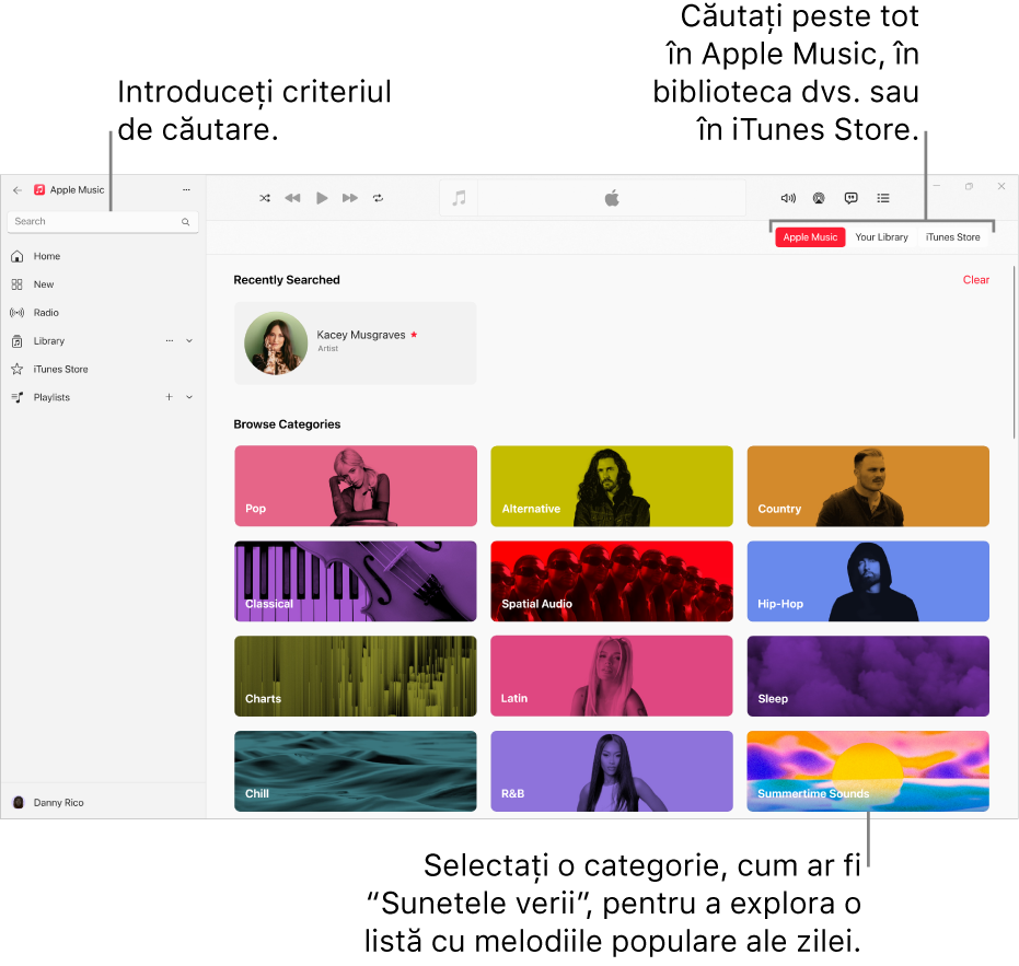 Fereastra Apple Music afișând câmpul de căutare în colțul din stânga sus, lista de categorii în centrul ferestrei și butoanele Apple Music, Biblioteca dvs. și iTunes Store din colțul din dreapta sus.