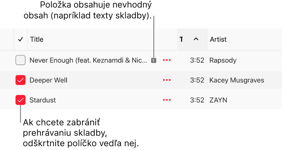 Detail zoznamu skladieb v apke Apple Music znázorňujúci zaškrtávacie políčka a symbol nevhodného obsahu pre prvú skladbu (označuje, že sa tam nachádza nevhodný obsah, ako napríklad text). Ak chcete zabrániť, aby sa skladba prehrávala, zrušte zaškrtnutie polička vedľa danej skladby.