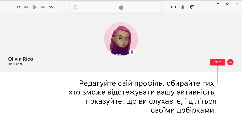 Сторінка профілю в Apple Music: справа у вікні розташовано кнопку «Редагувати», яку можна вибрати, щоб редагувати профіль, обирати, хто може стежити за вашою діяльністю, показувати, що ви слухаєте, і поширювати підбірки.